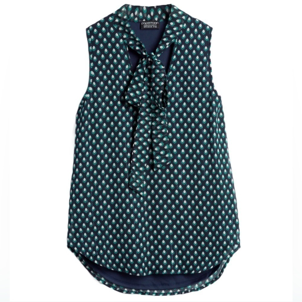 Papermoon navy & green duncan tie neck sleeveless blouse size small GUC